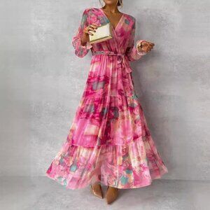 Long-sleeved Floral Print Dress Elegant V-neck Pleated High-waisted